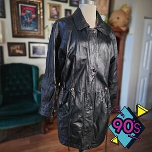 Junction West Leather Jacket Coat Vintage 90s Black Drawstring Waist Mens Small